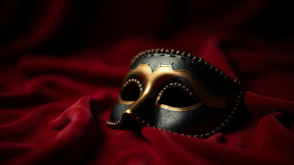 masque vénitien noir et or sur velours rouge froissé a Nice