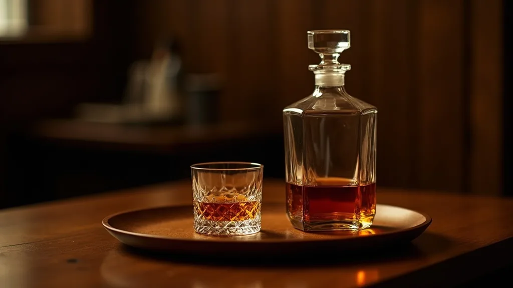 decanteur de whisky et un verre taille sur plateau de noyer, lumiere ambree a Nice