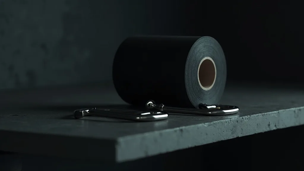 rouleau de tape de bondage et mousquetons d'acier sur étagère sombre a Nice