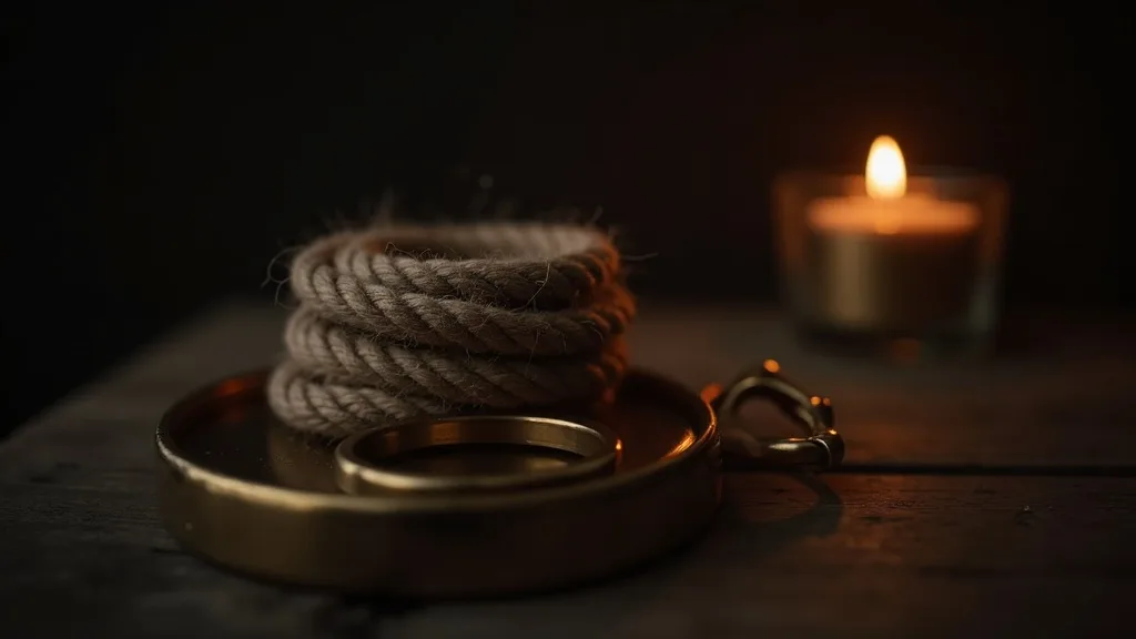 corde de shibari lovée et anneau de laiton sur chêne sombre a Nice